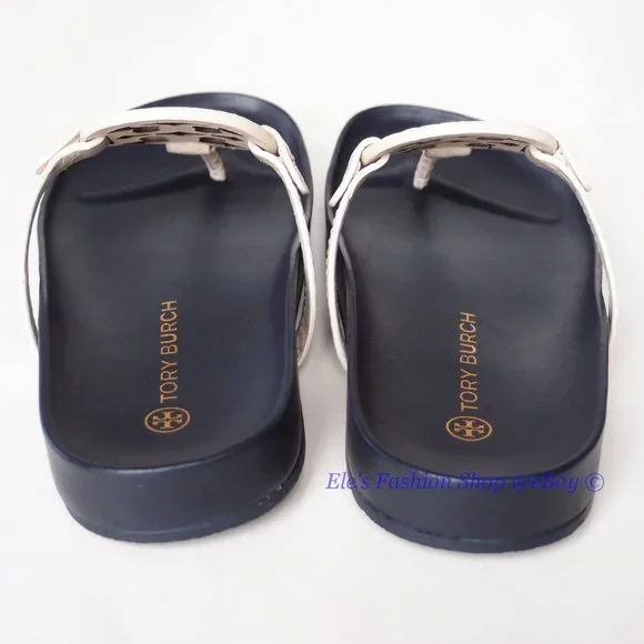NIB Tory Burch Miller Cloud Leather Thong Sandal Cream Navy US 9 100% AUTHENTIC